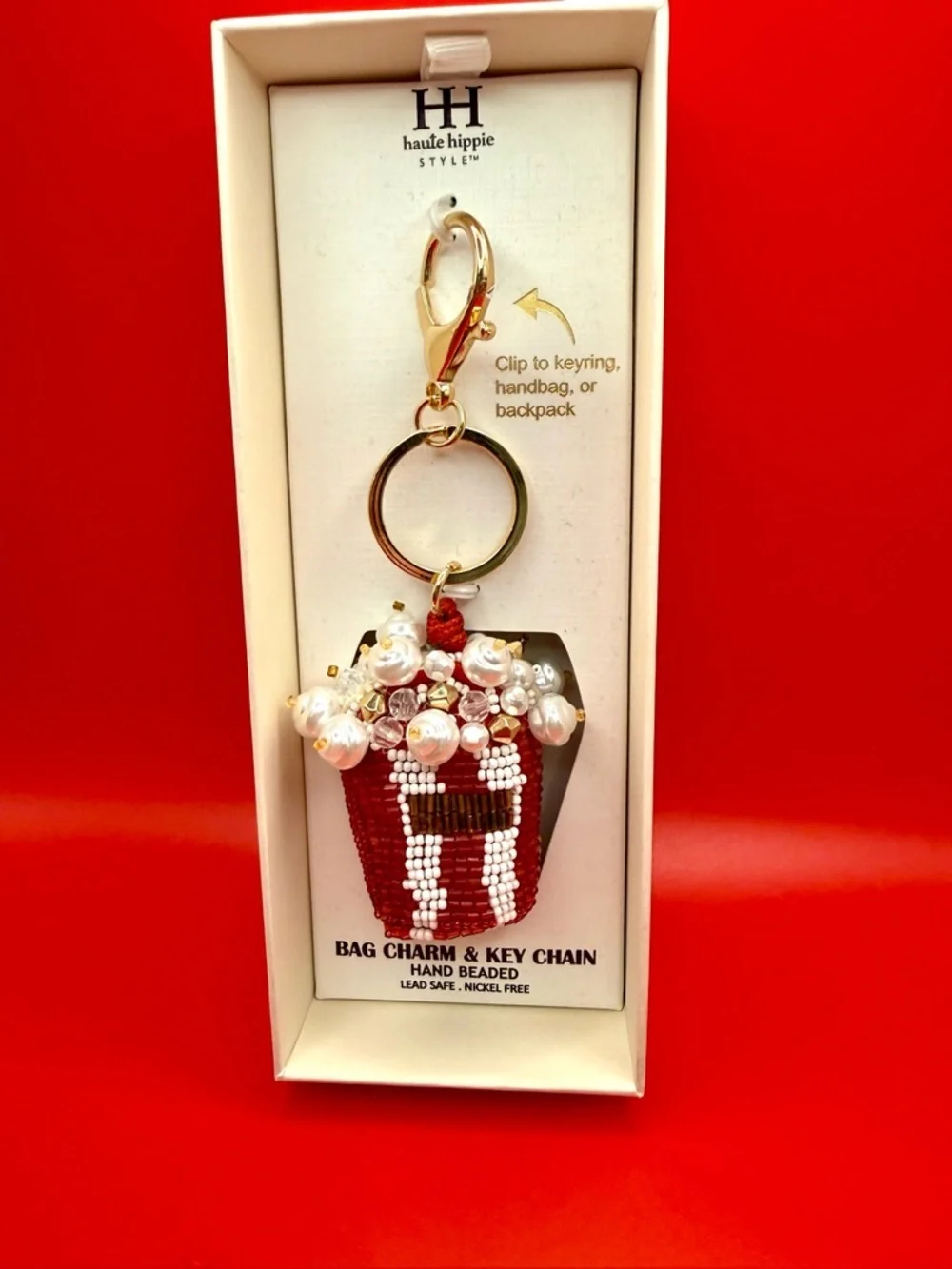 Haute Hippie Viral Popcorn Red Beaded Bag Charm with Pearl Accents